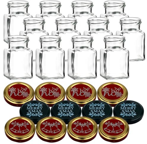 gouveo 12er Set Einmachgläser 150 ml mit Schraubverschluss Weihnachten Set 2 - Eckige Gläser mit farbigen Motiv-Deckel - Schraubglas für Weihnachten