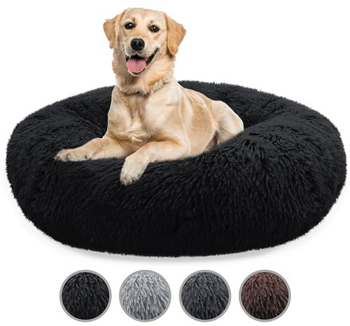 bluzelle Hundebett Große Hunde, 120cm Hundekissen Rund Donut Kissen Hundekorb Flauschig Plüsch, Ergonomisch Bezug Waschbar rutschfest Weich Kuschelig Kunstfell, Farbe:Schwarz