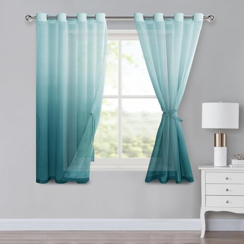 XWZO Voile Gardinen mit Ösen Vorhänge Farbverlauf Vorhang Sheer Ombre Gardinen 2 er Set für Schlafzimmer und Wohnzimmer Schlaufengardinen mit Raffhalter H145xB140cm Blau