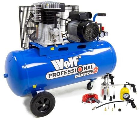 100 Litre Air Compressor 14.1CFM 100L 150psi Belt Driven 10 BAR 2200w 3HP Twin Cylinder 'Wolf Dakota 2-100' Oil Lubricated Portable 230V + 13pc Spray Kit - 2 Years Warranty