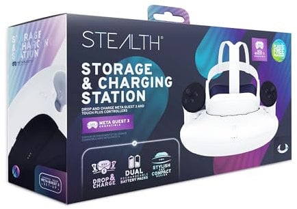 STEALTH Storage & Charging Station Compatible with Meta Quest 3, with Dual Drop & Charge Rechargeable Battery Packs for Stylish and Compact Storage