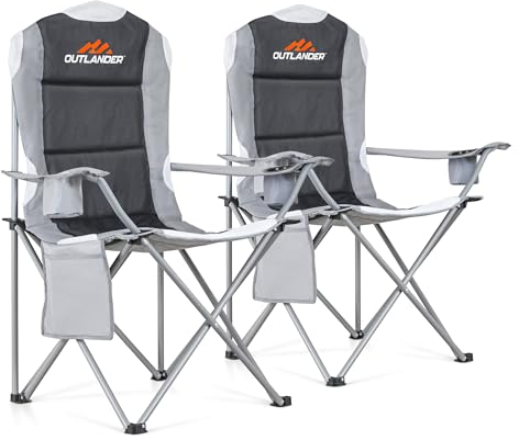 2 Pack Camping Chair,Premium Padded Folding Camping Chair, Outdoor Seats with High Back & Cup Holder & Side Pockets,Waterproof Chair 120kg Weight Capacity for Garden Picnic Beach Directors(Grey)