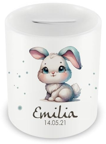 Samunshi® Kinder Spardose mit Namen und Baby Hase als Motiv für Kinder - Jungen und Mädchen Sparschwein 330ml weiß