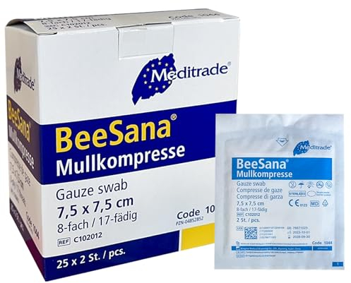 Sterile Kompressen 7.5x7.5 cm 50 Stück Nicht klebende Wundauflagen, Mullkompressen Steril 8 Lagen Verbandsmaterial, Wundkompressen zur Wundversorgung Blutabsorbtion und Sekretaufnahme (7.5 x 7.5 cm)