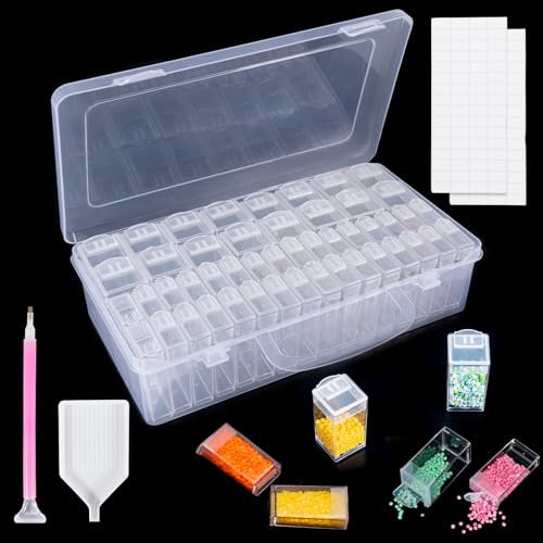Kiperline Diamond Painting Zubehör Boxen, 64 Stück 5D Diamond Painting Aufbewahrungsbox mit 128 Etiketten für Diamanten, Perlen und anderes DIY-Zubehör. (48 Stück)