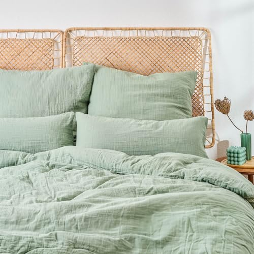 Blumtal Musselin Bettwäsche 200x200 cm + 2X 40x80 cm - Oeko-TEX zert. Musselin-Bettwäsche aus 100% Baumwolle - extra weiches Bettwäsche-Set waschbar bei 40 °C - Sommerbettwäsche Grün