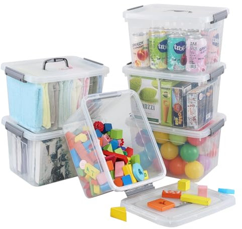 Udotry 12 Litre Plastic Storage Box with Lids, Clear Storage Containers with Latching Buckle, 6-Pack