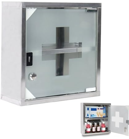 LZQ Medizinschrank Medizinschränke Edelstahl Abschließbar, 2 Fächer Apothekerschrank Arzneischrank mit Glas Tür, Erste Hilfe Schrank inkl 2 Schlüsseln (L 30 x B 12 x H 30 cm), Silber