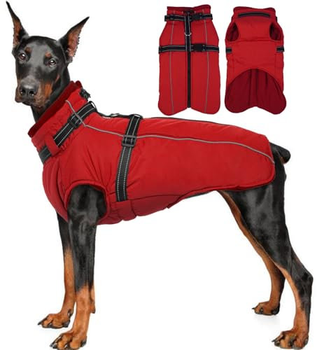 Lelepet Hundemantel für den Winter, Warme Hundejacke mit integriertem Geschirr, Winddicht Mantel mit Fleece Gefüttert für Hunde, Reflektierende Hundeweste für Kaltes Wetter, Rot L