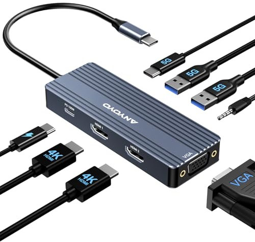 ANYOYO Station d'accueil USB C double HDMI adaptateur 8 en 1 USB C HUB 3 moniteurs avec HDMI 4K + VGA + PD100W + audio station d'accueil pour ordinateur portable Dell/Lenovo/HP/Samsung/ASUS (Gary)