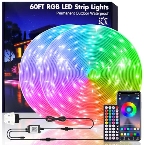 KAFULA 24V RGB LED Light Strip, 15 LEDs/m LED Fairy Light CRI90+ with Bluetooth Music Controller, IP67 Waterproof Flexible LED Rope Light with Power Adapter, Home Lighting Decoration [20m]