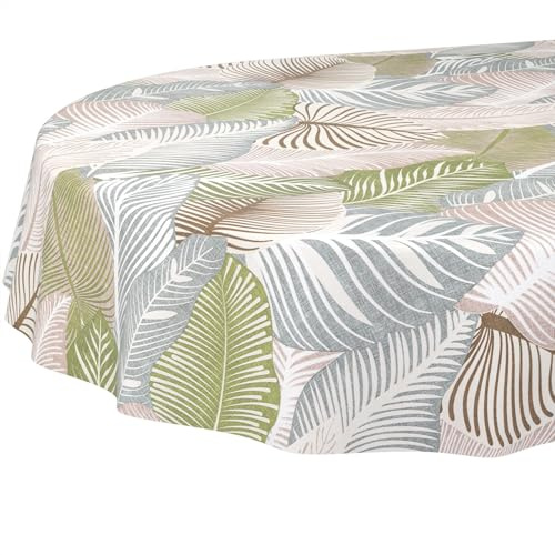 ANRO Wachstuchtischdecke Wachstischdecke Wachstuch Tischdecke abwaschbar Gartentischdecke Wasserabweisend Oval 180x140cm Schnittkante Floral Blätter Laube Grün