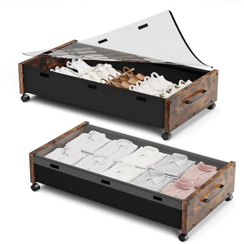 KITHELP Under Bed Storage Containers with Wheels, Black (Vintage Brown-2pack)