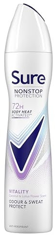Sure Nonstop Protection Vitality Anti-Perspirant Aerosol Women's Deodorant Spray with Body Heat Activated tech. and a coconut & lotus flower scent for 72 hour odour and sweat protection 6x 250 ml