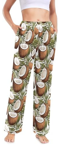 Tropische Kokosnuss-Schlafanzughose für Damen, lässig, weites Bein, Pyjamahose mit Taschen, Nachtwäsche, mehrfarbig, 48