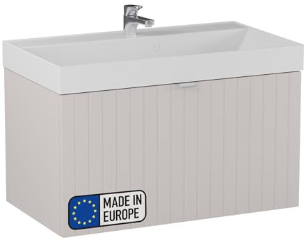 BadeDu Esla Waschbecken mit Unterschrank – 79 cm Breit, Gussmarmor Waschbecken in Weiß mit Waschbeckenunterschrank in Grau, 2 Schubladen mit Soft-Close-System