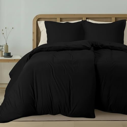 Utopia Bettwäsche-Set – 4-teiliges Mikrofaser-Set – Enthält 2 Bettbezüge 135 x 200 cm mit sicherem Reißverschluss und 2 Kissenbezüge 80 x 80 cm mit Hotelverschluss (Schwarz)