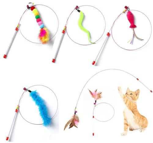 CAMITER 5pcs Kitten Toy Feather Teaser,Cat Toy Feather Ball Mice Fish Interactive Toys, Cat Teaser Wand Pet Toy