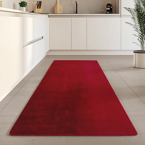 Carpetsale24 Kurzflor Teppich Läufer Flur 80 x 250 cm Rot - Teppich Waschbar, rutschfest, Weich, modern einfarbig Design - für Wohnzimmer, Schlafzimmer, Küche, Esszimmer