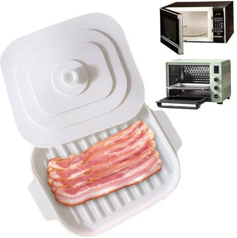Bacon Cooker 11x8.2x0.8in Microwave Bacon Tray Safe and Quick Silicone Pan with Lid ＆ Handles No Mess Crispy Tray for Microwave Cooking, Cooker