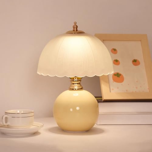 Mengjay Tischleuchte mit Glas Lampenschirm - Tischlampe für das Wohnzimmer in Keramik - ideal als Nachttischlampe für das Schlafzimmer - mit E27-Fassung und Schalter (Gelb)