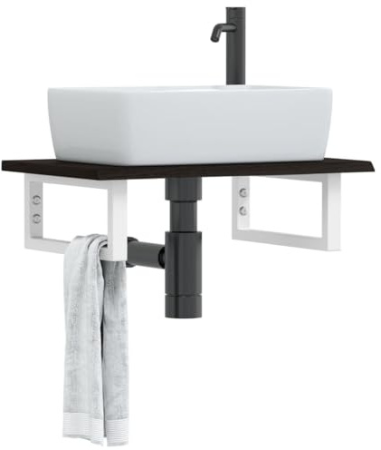 ULUYYUC Waschtisch-Platte 60 x 40 cm aus massivem Eichenholz mit weißen Stahlhalterungen Modernes Wandregal platzsparend Robust für Badezimmer und Küche