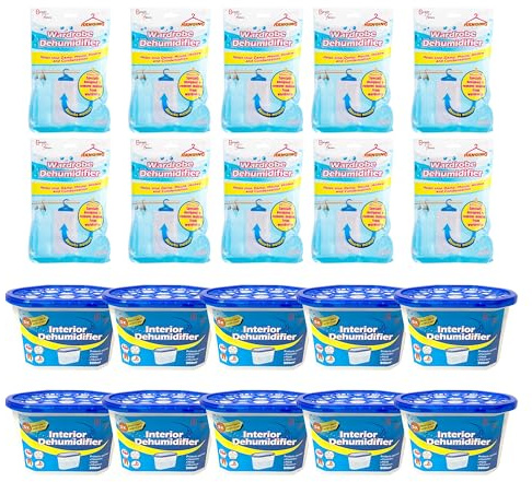 BARGAIN FACTORY Dehumidifier Combo Pack, 10x 500ml Interior Dehumidifier + 10x 210g Wardrobe Dehumidifier, Moisture Absorber for Home, Kitchen, Bedroom, Bathroom, Office, Garage, Caravan, Basement