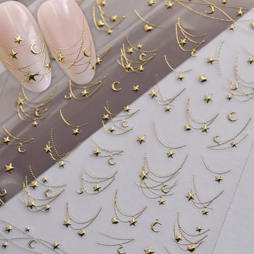 PINE WAVES Gold Nail Stickers, 3D Nail Design Stickers & Nail Decals - Star Moon Embossed Metal Texture Nail Art Supplies for DIY Manicure, 1Pc