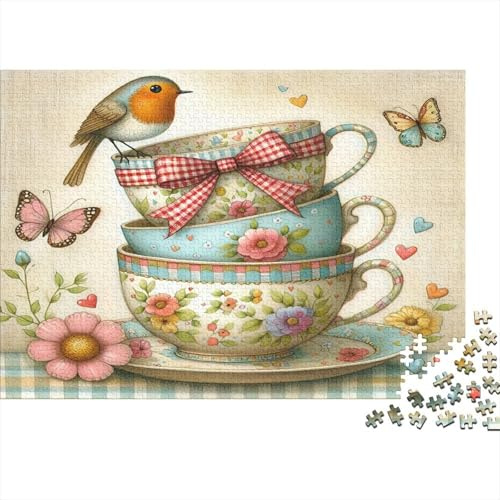 Vintage Floral Tea Cups Jigsaw Puzzle for Adults 1000 Piece Jigsaw Puzzle Paper Puzzle Game for Family Garden Bird Countryside Decoration Gift Home Relaxation 38x26cm/1000pcs