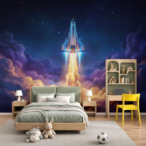Fototapete Science-Fiction Weltraum Tapete Zeichentrickfilm Raumschiff Tapeten Seidentapete Modern Wandtapete Wohnzimmer Schlafzimmer Kinderzimmer Wanddeko Motivtapeten 200 x 140cm (B x H)