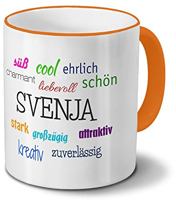 printplanet Tasse mit Namen Svenja - Positive Eigenschaften von Svenja - Namenstasse, Kaffeebecher, Mug, Becher, Kaffeetasse - Farbe Orange