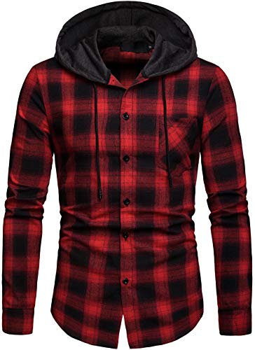 Iris Sprite Sweat à Capuche Homme Chemise Carreaux avec Poche Poitrine Épissage Manches Longues (Rouge - A112, S)