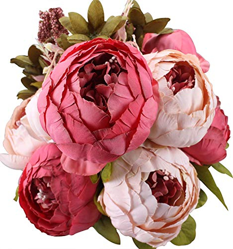 Ruiuzi Künstliche Blumen Pfingstrose Kunstblumen Seidenblumen Gefälschte Unechte Blumen Seidenpfingstrose Seide Blumenstrauß Jahrgang Hochzeit Zuhause Dekoration (Dark Pink)