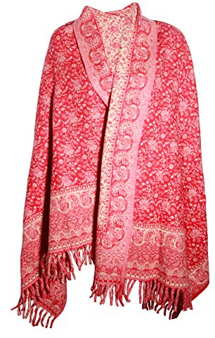 TIBET Schal mit Blumenmuster, handgefertigt, reine Yakwolle, Rot / Beige