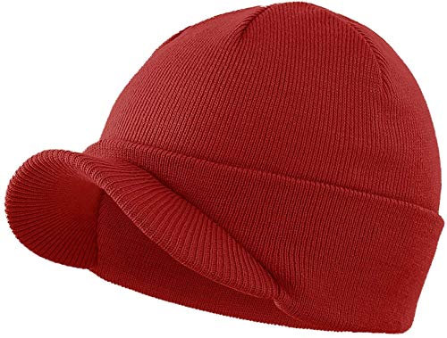 Magracy Unisex Herren Warm Visor Beanie Outdoor Doppelstrickmütze mit Schirm Wintermütze Gr. Einheitsgröße, rot