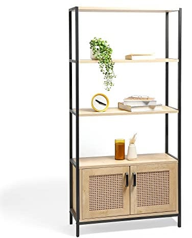 VonHaus Rattan Bookcase - Tall Bookshelf with Doors for Living Room - Large Light Wood Effect Shelving Unit w/ 3 Open Shelves & Wicker Storage Cupboard - Industrial Scandi Style for Lounge - Lena