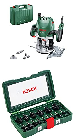 Bosch Oberfräse POF 1400 ACE (3 x Spannzange, Fräser, Parallelanschlag, Absaugadapter, Koffer) + 15tlg. Hartmetall Fräser Set (für Holz, 1/4 Zoll Schaft)