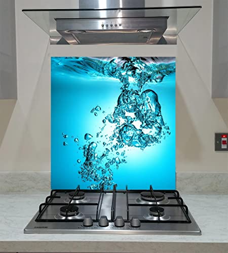 Splashback, Tempered Glass Panel Kitchen with splash water on the blue background, Any Size, VA Art Glass (wide 60 x height 80 /cm)