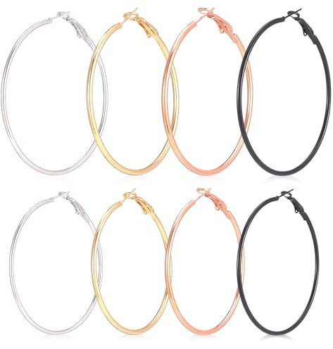 FANTESI 8 Pairs Big Hoop Earrings, Stainless Steel Hoop Earrings in Gold Plated Rose Gold Silver Black Colors for Women Girls