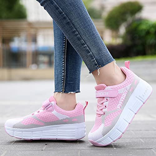 ZEDDG Schuhe Mit Rollen Einziehbare Technische Skateboard Sportschuhe Outdoor Gymnastik Fitness Sneaker Rollschuhe Roller Skates Für Jungen Mädchen,Pink-EU39/24.5cm