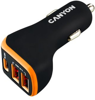 CANYON KFZ-Ladegerät 3Port 2xUSB-A,USB-C 18W PD schwarz/orange