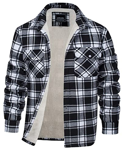 EKLENTSON Men's Sherpa Fleece Lined Working Shirts Jacket Warm Winter Coat Lapel Collar Flannel Jacket Black,L