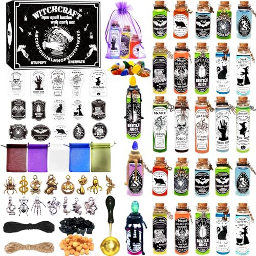Ainswei Halloween Decorations Indoor,135Pcs Potion Bottles Halloween Decor,Witch Halloween Decorations with Stone,Apothecary Witch Lables Decoration For Home Room Party Supplies