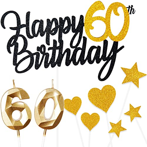Personalised Black Gold Happy 60th Birthday Cake Topper with Gold Number 60 Birthday Candles Heart Star Cupcake Toppers Cake Decorations Set for Her Him Men Women 60th Birthday Anniversary - Pack of 9