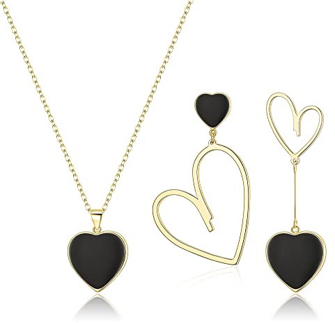 EVER FAITH Herz-Schmuck-Set für Damen Schwarzes Herz Anhänger Halskette und Asymmetrische Ohrringe Set Schmuck Geschenke für 14K vergoldet