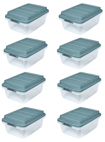 Hefty 18 Quart Hi-Rise Storage Bin with Lid, Stackable Plastic Container for Home, Office, and Classroom Organization, 8 Pack, Smoke Blue