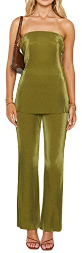 Geagodelia Damen Zweiteiler Sommer Hosenanzug Elegant Outfits Kleidung 2 Teiler Set Top Oberteil + Hose Y2k Aesthetic Clothes Loungewear Anzug (A - Grün (Tube Top), S)