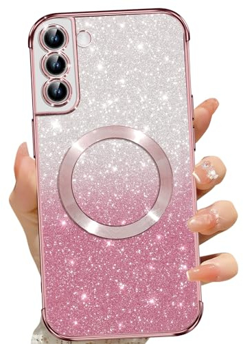 Phoona für Samsung Galaxy S21 FE 5G Hülle, Magnetisch Handyhülle Kompatibel mit MagSafe, Keine Vergilbung, Kratzfeste, Ganzkörperschutz Glitzer Hülle für Samsung S21 FE 5G, Mit 2 Schutzfolie, Rosa