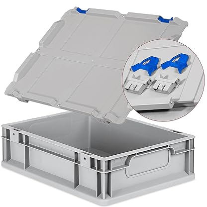 Eurobox NextGen Economy 40x30x12cm Griffe geschlossen mit Scharnierdeckel grau, Kunststoffbox 11 Liter stapelbar Transportbox, Wohnmobilbox Farbe Deckel-Verschlüsse wählbar (Verschluss Blau)