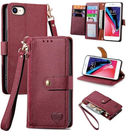 VEEMOS Zipper Wallet Case for Apple iPhone SE 2020 / SE 2022 5G / iPhone 7 / iPhone 8 Phone Case with Purse Card Holders RFID Blocking Leather Flip Case Book Cover Wrist Strap Women - Red